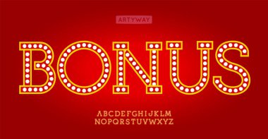 Illuminated marquee font with vibrant light dots, retro casino letters for carnival headline, festive signage, vegas gambling, flashy event promo, vegas entertainment typeface. Vector typeset.  clipart