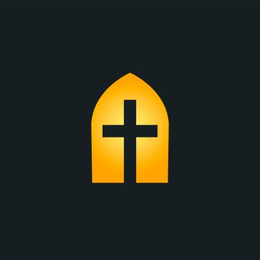 Altın kemerli bir pencerenin içinde parlayan haç, inancı, maneviyatı ve bağlılığı simgeliyor. Dini logolar, kilise markaları ya da inanç temelli organizasyonlar için idealdir. Minimalist vektör illüstrasyonu.