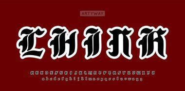 Ortaçağ kara harf tipografisi, klasik Çin kaligrafisi, dekoratif gotik tip, antik Fraktur harfleri, cesur şövalye monogramı, Çin tarzı marka logosu ve manşetler. Vektör tipi