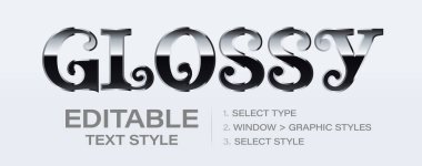 Parlak metalik düzenlenebilir metin efekti, siyah parlak platin grafik tarzı şablon. Özelleştirilebilir cilalı metal rengi ve kontür biçimi. Vektör illüstrasyonu. 