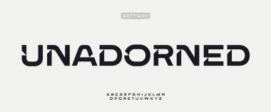 Unadorned geometric font, modern wide letters with angular cuts and rounded elements. Innovative alphabet for sci-fi headline, science logo, sport or architecture, technology branding. Vector typeset. clipart