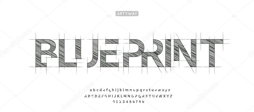 Architectural project font, technical draw style alphabet. Geometrical typography. Wireframe letters, typographic design with shaded for architecture logo and headline. Isolated vector typeset.