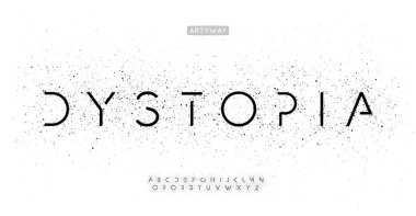 Distopyan fütürist alfabe, sıçramalı minimalist geometrik harfler, kozmik dijital arayüz için yenilikçi bilim kurgu fontu, HUD, scince, medikal ve robotik logo, sinematik başlık. Vektör tipi.