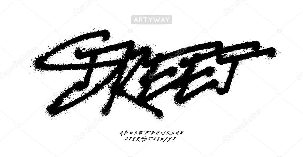Street art graffiti font, rough brush script, bold spray paint alphabet for teenage streetwear branding, underground music cover headline, energetic rebellious typography. Vector typeset