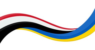 Yemen Ulusal Bayrağı ile Ukrayna bayrağının dalgalı kurdele bayrağı. Birlik ve işbirliği sembolü. Yardım etkinlikleri için logo, STK, spor takımı, barış zirvesi. Vektör illüstrasyonu