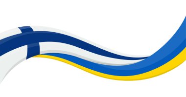 Finlandiya Ulusal Bayrağı ile Ukrayna bayrağının dalgalı kurdele bayrağı. Birlik ve işbirliği sembolü. Yardım etkinlikleri için logo, STK, spor takımı, barış zirvesi. Vektör illüstrasyonu
