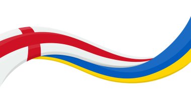 İngiltere Ulusal Bayrağı ile Ukrayna bayrağının dalgalı kurdele bayrağı. Birlik ve işbirliği sembolü. Yardım ve sosyal etkinlikler için logo, STK girişimi, spor takımları. Vektör illüstrasyonu