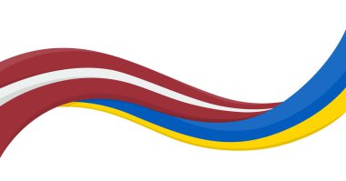 Letonya Ulusal Bayrağı ile Ukrayna bayrağının dalgalı kurdele bayrağı. Birlik ve işbirliği sembolü. Yardım etkinlikleri için logo, STK, spor takımı, barış zirvesi. Vektör illüstrasyonu