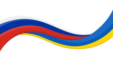 Rusya Federasyonu Ulusal Bayrağı taşıyan Ukrayna bayrağının dalgalı kurdele bayrağı. Yardım etkinlikleri için logo, STK, spor takımı, barış zirvesi. Vektör illüstrasyonu