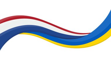 Hollanda Ulusal Bayrağı ile Ukrayna bayrağının dalgalı kurdele bayrağı. Birlik ve işbirliği sembolü. Yardım etkinlikleri için logo, STK, spor takımı, barış zirvesi. Vektör illüstrasyonu