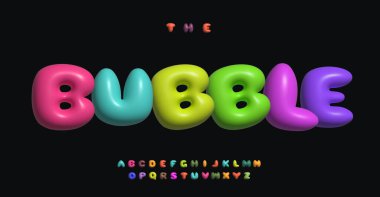 3 boyutlu kabarcık alfabesi, gökkuşağı renkli şişkin harfler, yumuşak küresel tipografik dizayn. Cocuk parti logosu, manşet, mesaj için renkli 3D tipografi. Vektör tipi