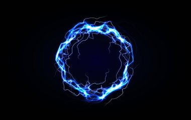 Yıldırım enerjili parlayan mavi elektrik halkası. Fütürist plazma aurası ve neon kıvılcımları. Vektör illüstrasyonu.