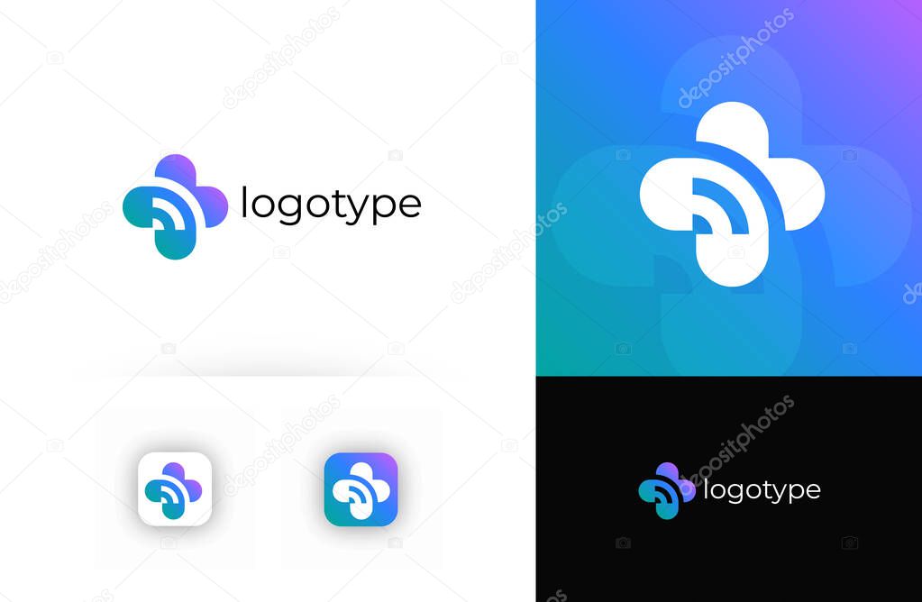 Telemedicine logo with medical cross, symbolizing digital healthcare and online consultations. Suitable for telehealth, virtual clinics, online pharmacies, healthcare apps. Vector logo concept.