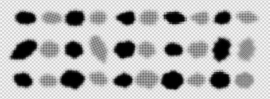 Yarım tonluk soyut siyah şekiller, nokta desenli, klasik desenli efektler yaratıyor. Örtüler, tasarım elementleri, çizgi roman sanatı, retro estetik için idealdir. İzole vektör illüstrasyonu.