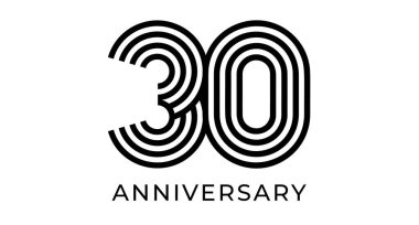 Minimalist 30. yıldönümü logosu, şirket tebrik kartı, web ve olay tasarımı, ticari markalaşma, pazarlama malzemeleri, düğün ve doğum günü sembolü için 30 numaralı geometrik satır. Vektör illüstrasyonu.