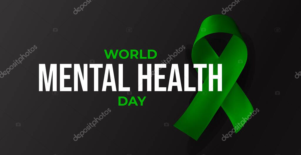 Green awareness ribbon with World Mental Health Day text on black background. Hopeful symbol for emotional support, psychological care, wellbeing. Realistic vector illustration.