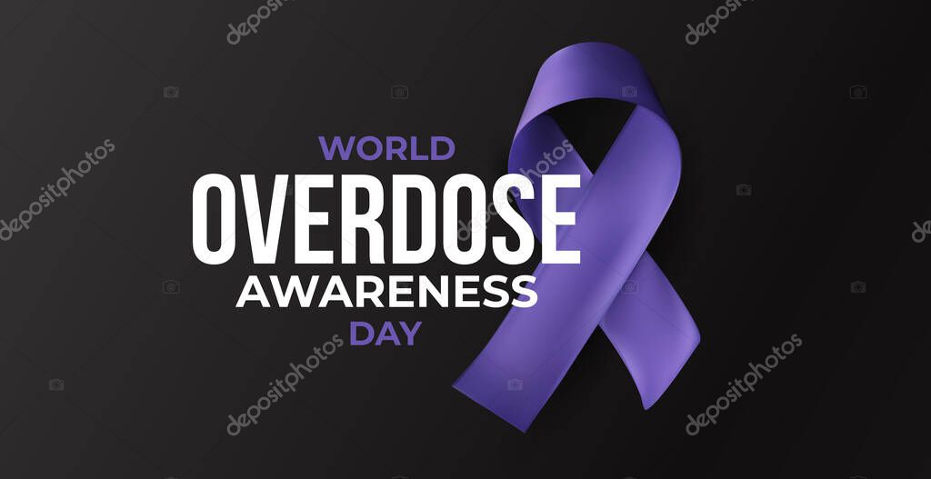 Purple ribbon and World Overdose Awareness Day title on black background. Symbol of loss, addiction prevention, support. Memorial concept in glossy 3D vector illustration.