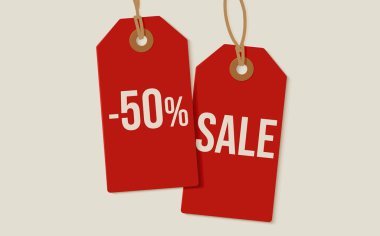 % 50 indirimli kırmızı etiketler. Ecommerce, afişler, posterler, reklamlar için mükemmel. Satış kampanyaları, çevrimiçi afişler, perakende posterleri için dikkat çekici reklamlar. Vektör illüstrasyonu