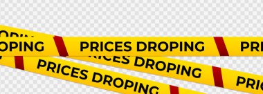 Sarı uyarı bandı PRICES DROPING metin ve kırmızı işaretler tehlike bariyeri, aciliyet işareti, şok edici indirimler. Acil satışlar için tanıtım pankartı. Düz vektör illüstrasyonu.
