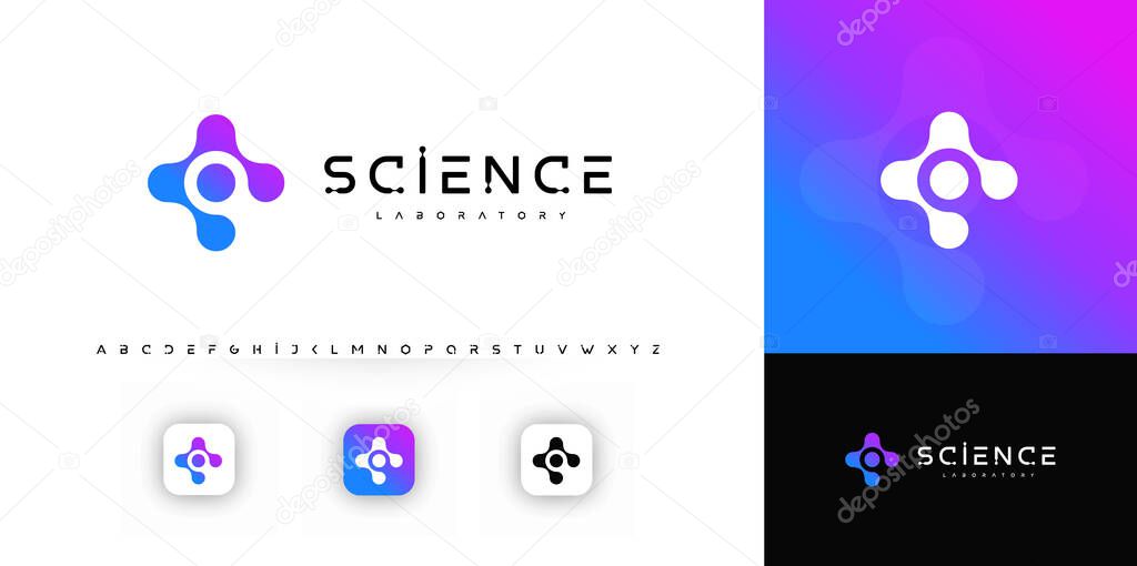Science logo with abstract molecule shape, clean geometric design, evokes innovation, research, technology. High-tech symbol for biotech, apps, science brands. Modern logo. Vector illustration
