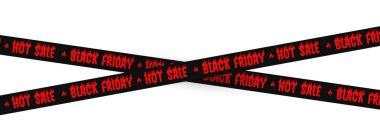 Black Friday Hot Sale Ribbon ve Red Flaming Text on Black Tape. Ticaret, indirimler, alışveriş promosyonları ve acil teklifler için ideal. Vektör İllüstrasyonu.