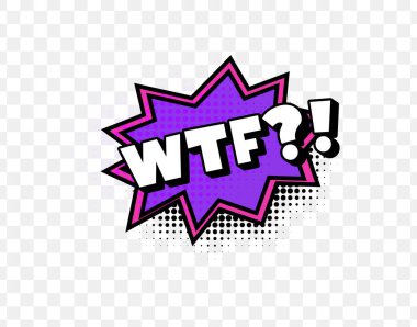 Mor Konuşma Balonu ve Yarım Tonlama Noktalarıyla Kalın Pop Sanatı tarzında WTF Komedi İfadesi. Meme, Çıkartma ve Parmak İzleri için Eğlenceli ve Şok Edici Reaksiyon Tasarımı. Vektör İllüstrasyonu. 