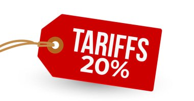 % 20 gümrük vergisiyle Kırmızı Fiyat Etiketi, Ticari Kısıtlamaları ya da Beyazların Arkaplanındaki Kalın Typography 'daki ekstra ücretleri simgeliyor. Vektör İllüstrasyonu.