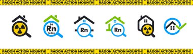 Radon Bilinç Simgesi: Evler, Radyasyon Sembolleri, Büyütme Gözlükleri ve Ulusal Radon Eylem Ayı Kampanyaları İçin Güvenlik Kontrolleri. Vektör İllüstrasyonu.