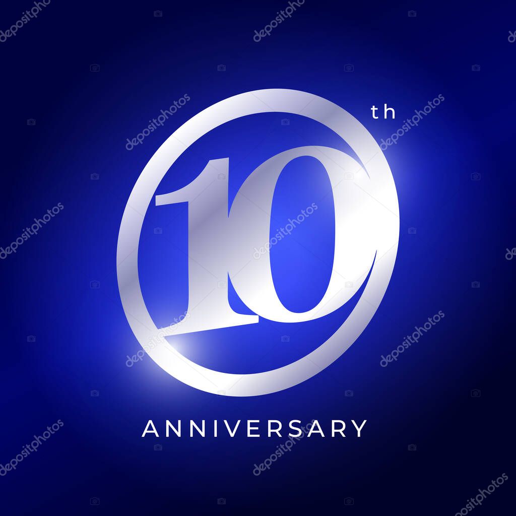 Elegant 10th Anniversary Logo Design With Silver Metallic Number On Blue Background. Luxury Celebration Emblem For Event, Company Birthday, Milestone, Or Award Ceremony. Vector Illustration.