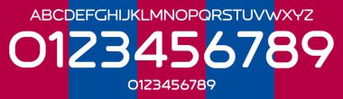 Gösterişli Sans Serif Alfabesi ve Numerik. Spor Tipografisi için Temiz Görünüm, Futbol Takımı Jersey tişörtleri, Dijital Kullanım. Genç Typographic. Vektör Karakteri.