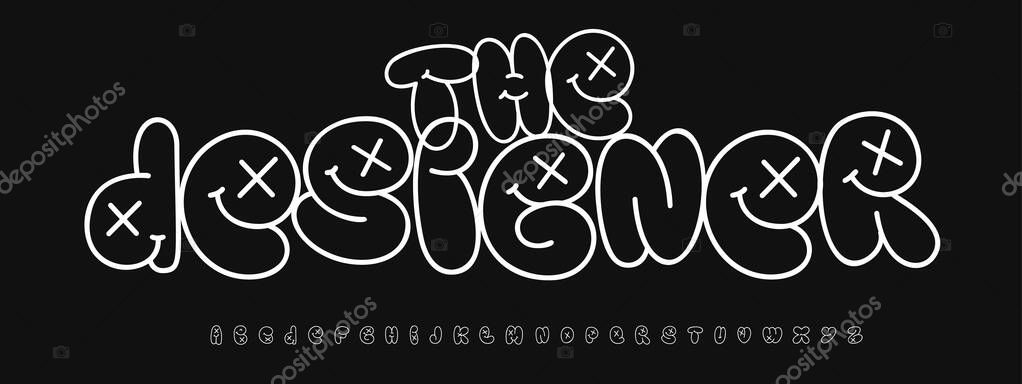 Bubble Graffiti Outline Font, Fun Urban Alphabet, Cool Drip Letters. Youth Comic Typeface for Hip Hop Street Art, Tee Slogan, Lettering, Trend Poster Typography, Funk Culture Design. Vector Typeset.