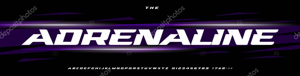 Adrenaline Font, Bold Racing Typeface, Fast Display Letters for Sports Logo Design, Aggressive Motion Headline, Athletic Branding. Extreme Speed Typography, Power Typographic Design. Vector alphabet.