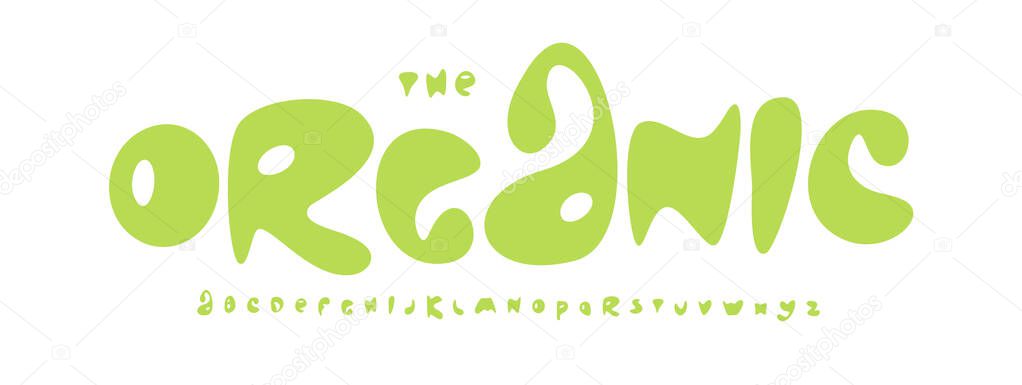 Organic bubble font with playful rounded letters. Friendly alphabet for eco products, kids design, food branding, packaging, wellness logos. Melted typeface. Vector typeset.