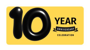 Parlak siyah balon numaraları ve sarı arkaplanlı 10. yıl dönümü bayrağı. Kilometre Taşı Etkinlikleri ve Davetiyeler için ideal. Vektör İllüstrasyonu