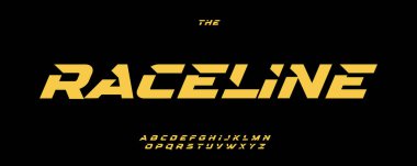 Eğik ırk alfabesi, dinamik açısal harfler, adrenalin dolu markalaşma için hızlı yazı tipi, yüksek hızlı manşet, motor sporu tipografisi, agresif tipografik tasarım. Vektör tipi