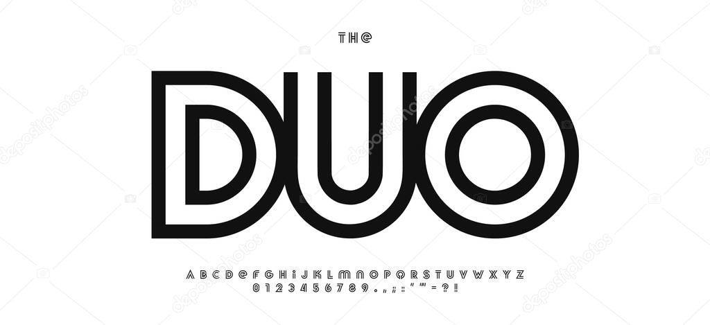 Duo line alphabet, stripes logo font, minimalisticgeometric sport font with lines for spor, digital, architectural branding, headline and logotype. Clean typographic design. Vector typese