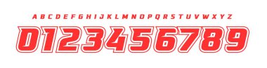 Futuristik Yarış Numarası Yazı Tipi, Güçlü Kalın Alfabe motor sporları, futbol, spor araba markalaşması, yarış etkinlikleri, esport forma numaraları veya hızlı tempolu dijital arayüzler için. Vektör İllüstrasyonu