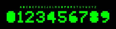 Retro Y2K piksel alfabesi, arıza görüntüleme yazı tipi, atari yazı tipi, 8-bit ekran logosu tasarımı, klasik kod teknolojisi harfi ve sayı biçimi, hacker dijital tipografi. Vektör tipi