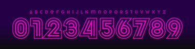 Neon retro alfabesi, kalın katmanlı sayılar ve harfler, çizgili kulüp alfabesi, synthwave logo yazı tipi, gece hayatı başlığı, parıldayan müzik olayı tipografisi, doğrusal elektrik tipi. Vektör tipi