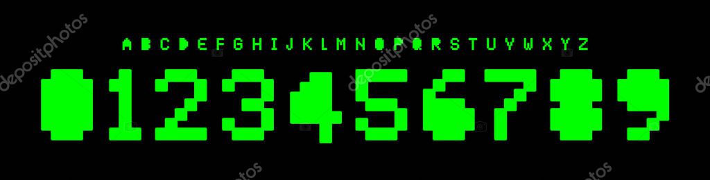 Retro Y2K pixel alphabet, glitch display font, arcade typeface, 8-bit screen logo design, vintage code tech letter and number style, hacker digital typography. Vector typeset