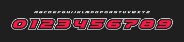 Cesur yarış alfabesi, italik hızlı yazı tipi, modern eğimli logo yazı tipi, dinamik hız tipografisi, motor sporu numarası tasarımı, adrenalin markalaştırma tarzı, performans odaklı görseller. Vektör tipi.