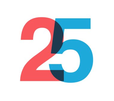 Üst üste binen kırmızı ve mavi 25 haneli saydam efektler, modernliği, neşeyi, enerjiyi çağrıştırıyor. Markalaşma, olay grafikleri, tanıtım materyalleri için yıl dönümü tasarımı. Vektör illüstrasyonu