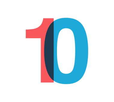 Üst üste binen kırmızı ve mavi 10 haneli saydam efektler, modernliği, neşeyi, enerjiyi çağrıştırıyor. Markalaşma, olay grafikleri, tanıtım materyalleri için yıl dönümü tasarımı. Vektör illüstrasyonu