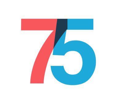 Üst üste binen kırmızı ve mavi 75 basamaklı saydam efektler, modernliği, neşeyi, enerjiyi çağrıştırıyor. Markalaşma, olay grafikleri, tanıtım materyalleri için yıl dönümü tasarımı. Vektör illüstrasyonu