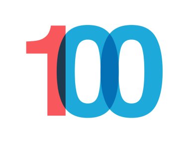 Üst üste binen kırmızı ve mavi 100 basamaklı saydam efekt, modernlik, neşe ve enerjiyi çağrıştırıyor. Markalaşma, olay grafikleri, tanıtım materyalleri için yıl dönümü tasarımı. Vektör illüstrasyonu