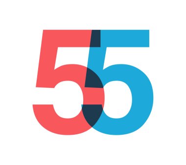 Üst üste binen kırmızı ve mavi 55 haneli saydam efekt, modernlik, neşe ve enerjiyi çağrıştırıyor. Markalaşma, olay grafikleri, tanıtım materyalleri için yıl dönümü tasarımı. Vektör illüstrasyonu