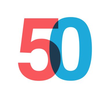 Üst üste binen kırmızı ve mavi 50 haneli saydam efekt, modernliği, neşeyi, enerjiyi çağrıştırıyor. Markalaşma, olay grafikleri, tanıtım materyalleri için yıl dönümü tasarımı. Vektör illüstrasyonu