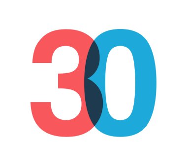 Üst üste binen kırmızı ve mavi 30 basamaklı saydam efektler, modernliği, neşeyi, enerjiyi çağrıştırıyor. Markalaşma, olay grafikleri, tanıtım materyalleri için yıl dönümü tasarımı. Vektör illüstrasyonu