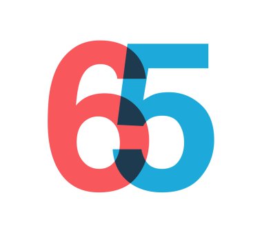 Üst üste binen kırmızı ve mavi 65 basamaklı saydam efekt, modernlik, neşe ve enerjiyi çağrıştırıyor. Markalaşma, olay grafikleri, tanıtım materyalleri için yıl dönümü tasarımı. Vektör illüstrasyonu