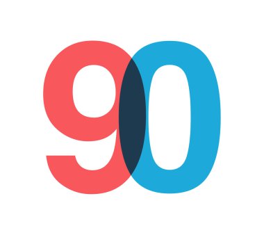 Üst üste binen kırmızı ve mavi 90 basamaklı saydam efektler, modernliği, neşeyi, enerjiyi çağrıştırıyor. Markalaşma, olay grafikleri, tanıtım materyalleri için yıl dönümü tasarımı. Vektör illüstrasyonu